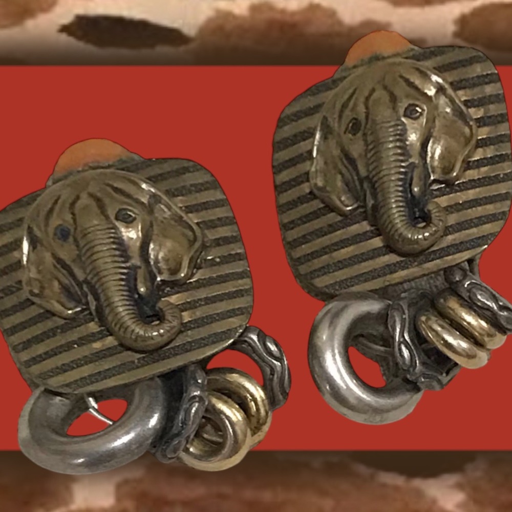 SALE | 80s Brutalist Elephant Safari Detachable Dangling Hoop Clip-On Earrings - Picture 7 of 8
